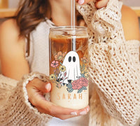 Halloween Iced Coffee Cup, Pumpkin Cup, Halloween Iced Coffee Glass, Halloween Gift for her, Halloween Iced Coffee, Ghost coffee cup