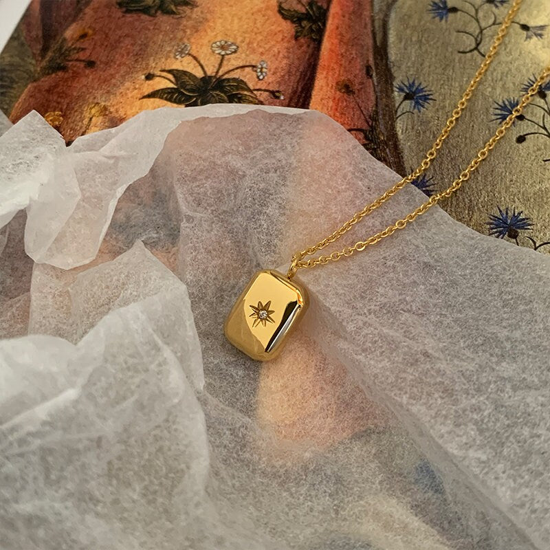 Camrose 18k Gold Plated pendent, gold rectangle pendent, gold pendent, gold rectangle necklace, stardust pendent, Emerald Cut Necklace