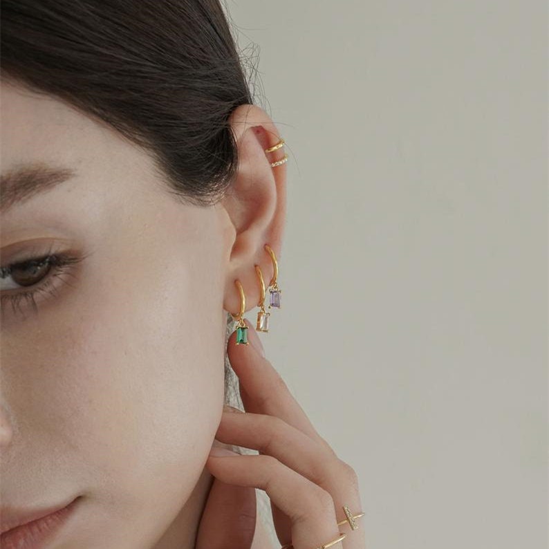 Diamond Baguette Hoop Dangle Earrings, charm hoops, gold hoop earrings, dainty diamond earrings, minimalist hoops, huggie earrings