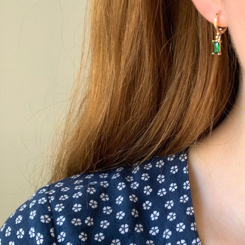 Emerald Baguette Hoop Dangle Earrings, charm hoops, gold hoop earrings, dainty emerald earrings, minimalist hoops, huggie earrings