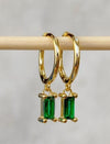 Emerald Baguette Hoop Dangle Earrings, charm hoops, gold hoop earrings, dainty emerald earrings, minimalist hoops, huggie earrings