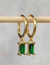 Emerald Baguette Hoop Dangle Earrings, charm hoops, gold hoop earrings, dainty emerald earrings, minimalist hoops, huggie earrings