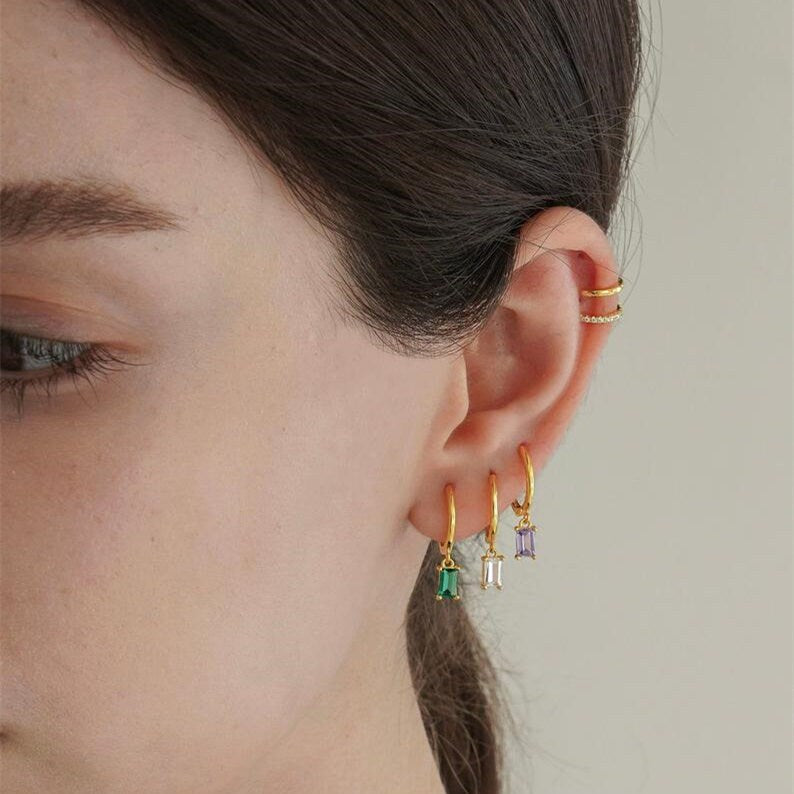 Emerald Baguette Hoop Dangle Earrings, charm hoops, gold hoop earrings, dainty emerald earrings, minimalist hoops, huggie earrings
