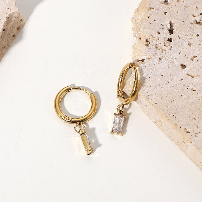 Diamond Baguette Hoop Dangle Earrings, charm hoops, gold hoop earrings, dainty diamond earrings, minimalist hoops, huggie earrings