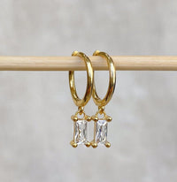 Diamond Baguette Hoop Dangle Earrings, charm hoops, gold hoop earrings, dainty diamond earrings, minimalist hoops, huggie earrings