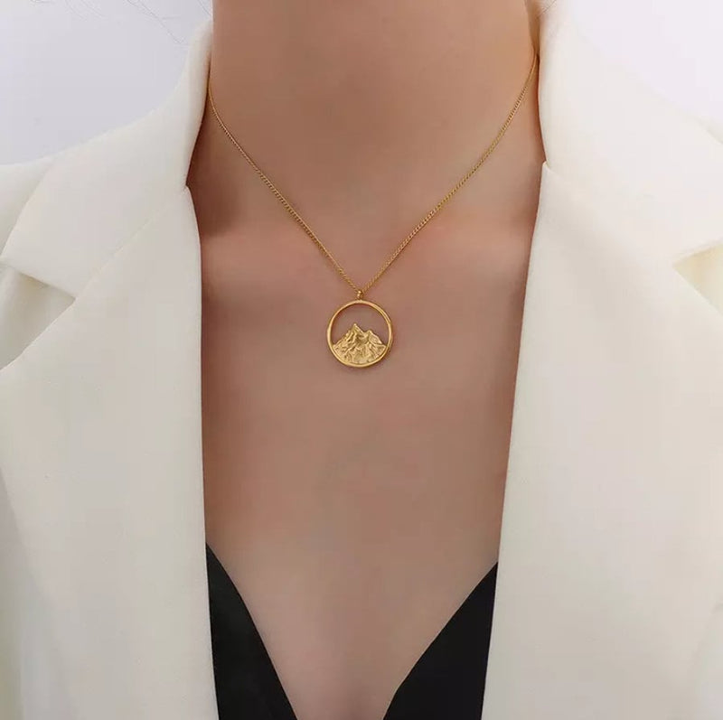 18k Gold Plated Mountain Pendant Necklace, Mountain and Ocean necklace, Wanderlust Jewelry, Wave Necklace, Ocean Wave Necklace